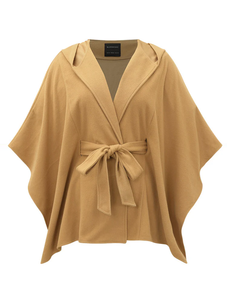 Solid Hooded Belted Batwing Sleeve Jacket - Image 12