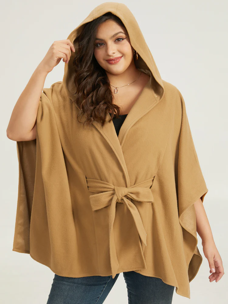 Solid Hooded Belted Batwing Sleeve Jacket - Image 2
