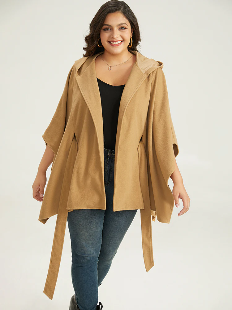 Solid Hooded Belted Batwing Sleeve Jacket - Image 3