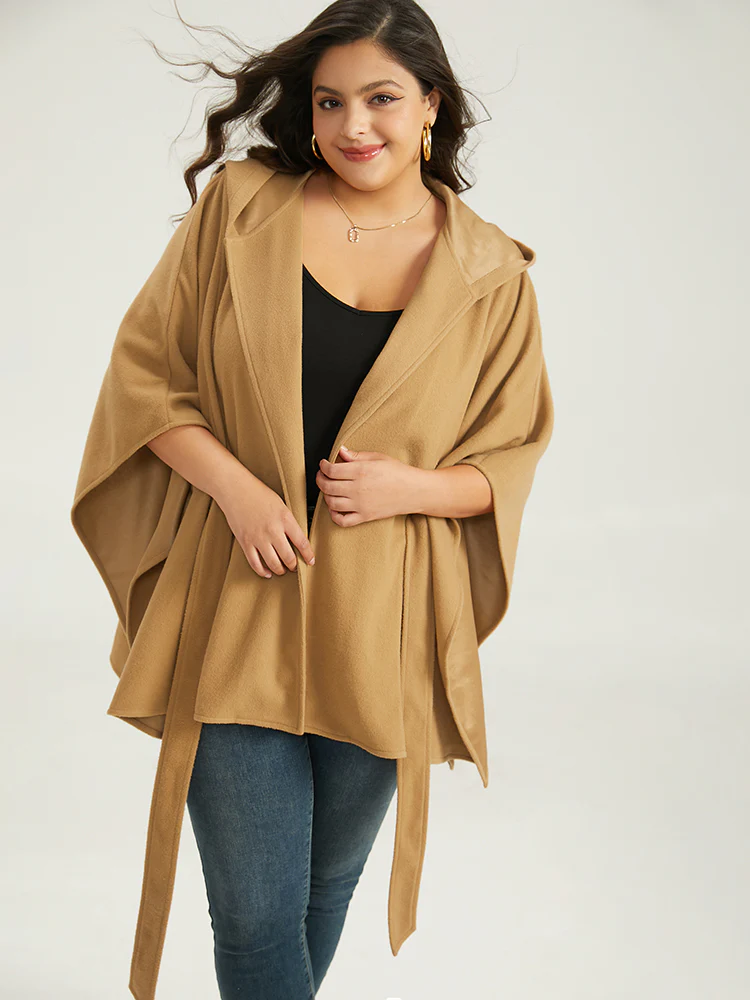 Solid Hooded Belted Batwing Sleeve Jacket - Image 4