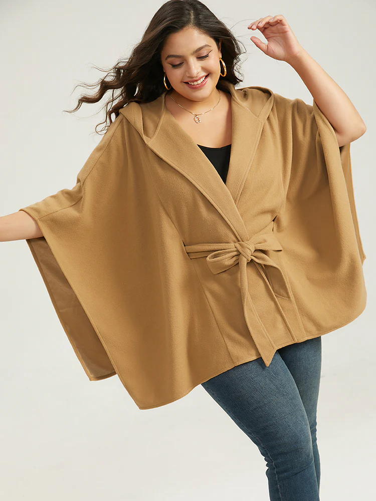 Solid Hooded Belted Batwing Sleeve Jacket - Image 5