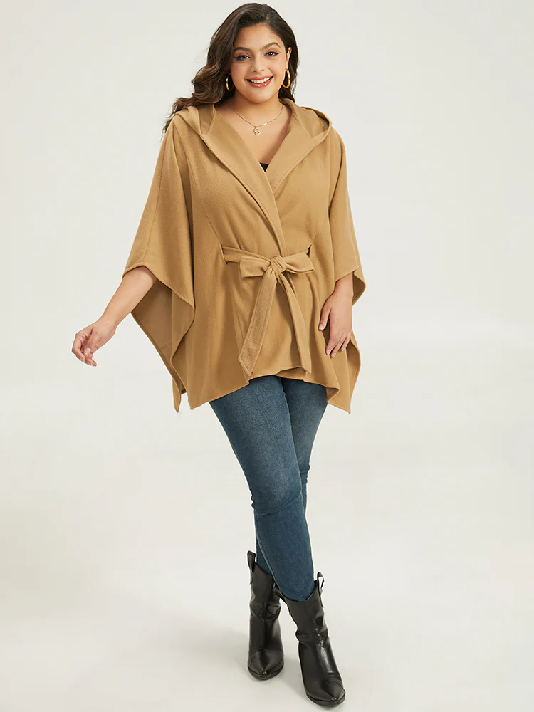 Solid Hooded Belted Batwing Sleeve Jacket - Image 6