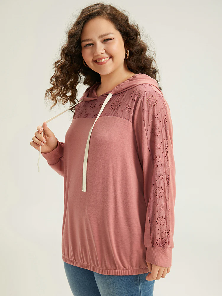 Solid Hooded Drawstring Broderie Anglaise Sweatshirt - Image 3
