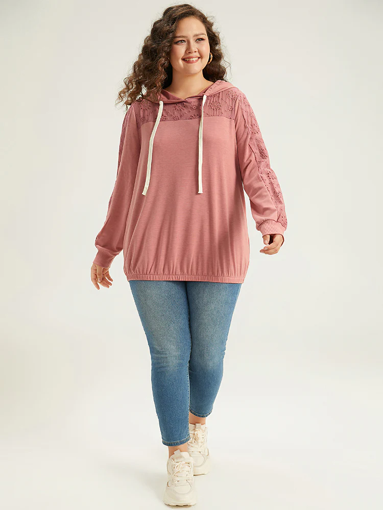 Solid Hooded Drawstring Broderie Anglaise Sweatshirt - Image 4