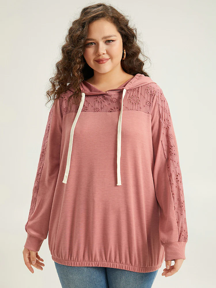 Solid Hooded Drawstring Broderie Anglaise Sweatshirt - Image 5
