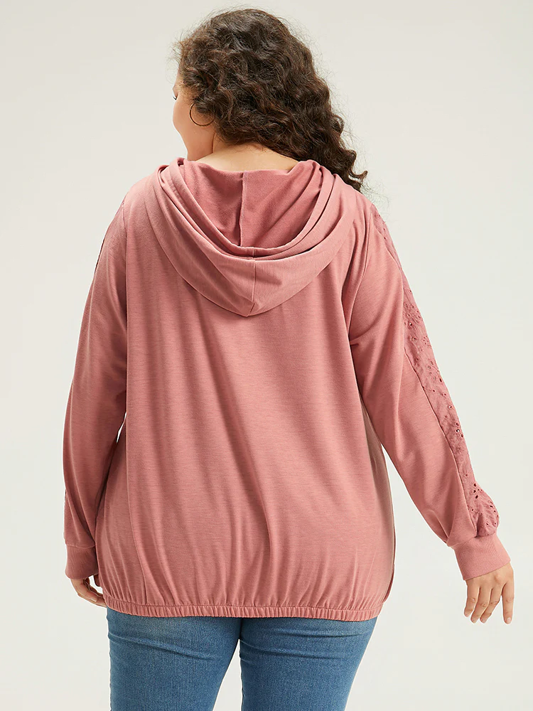 Solid Hooded Drawstring Broderie Anglaise Sweatshirt - Image 6