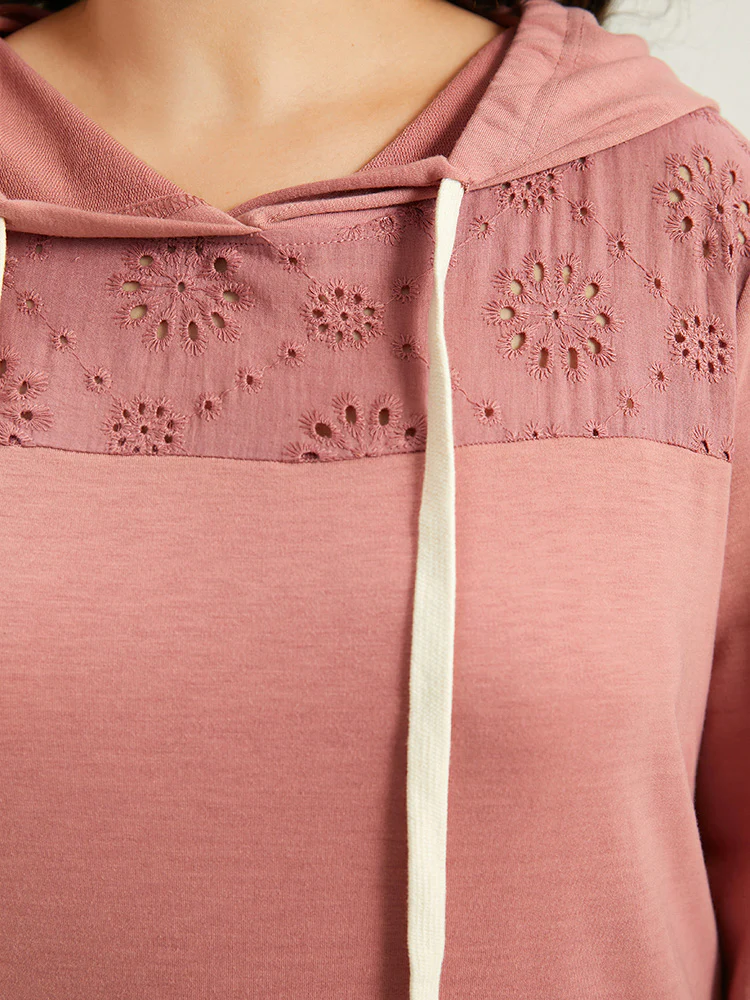 Solid Hooded Drawstring Broderie Anglaise Sweatshirt - Image 7