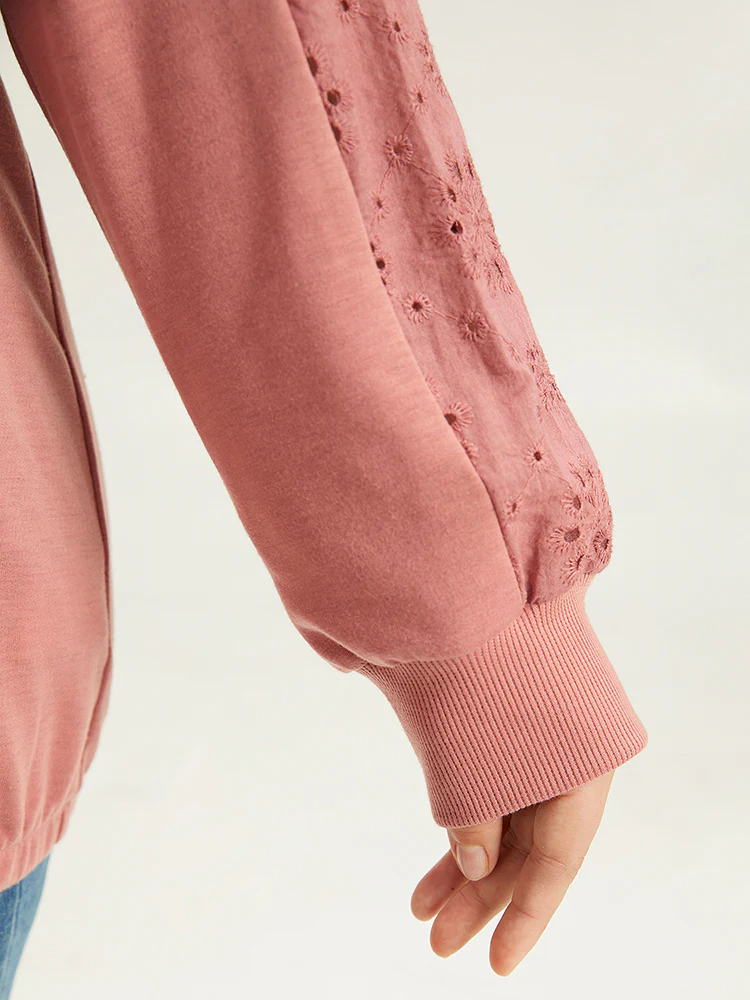 Solid Hooded Drawstring Broderie Anglaise Sweatshirt - Image 8