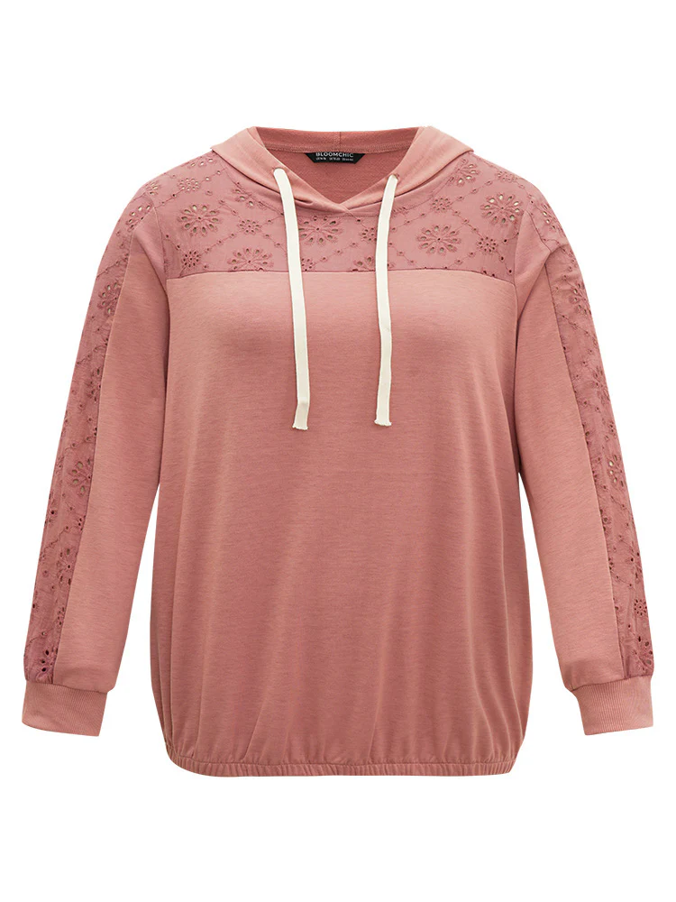 Solid Hooded Drawstring Broderie Anglaise Sweatshirt - Image 9