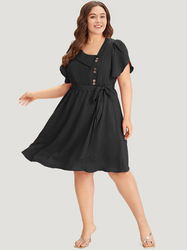 Solid Irregular Neck Pocket Button Detail Petal Sleeve Dress - Image 2