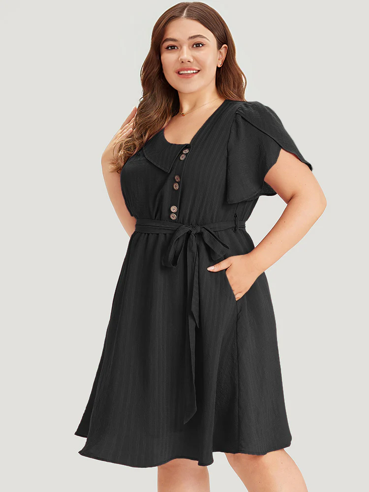 Solid Irregular Neck Pocket Button Detail Petal Sleeve Dress - Image 3