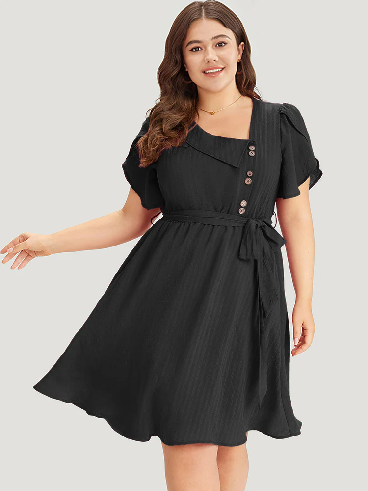 Solid Irregular Neck Pocket Button Detail Petal Sleeve Dress - Image 4