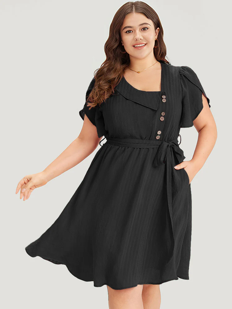 Solid Irregular Neck Pocket Button Detail Petal Sleeve Dress - Image 5