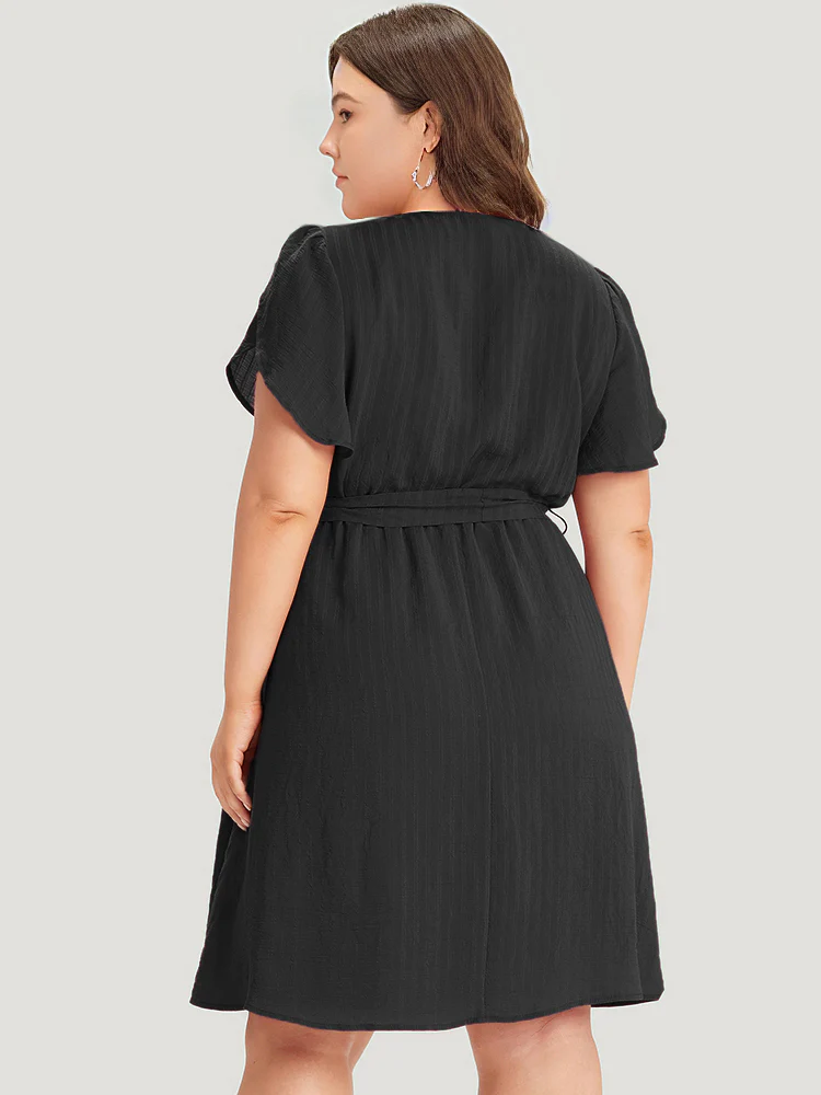 Solid Irregular Neck Pocket Button Detail Petal Sleeve Dress - Image 6