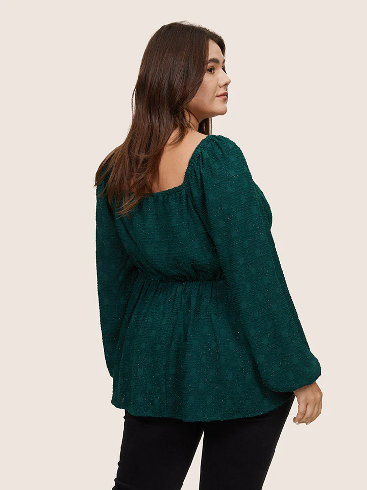 Solid Jacquard Notched Lantern Sleeve Blouse - Image 2