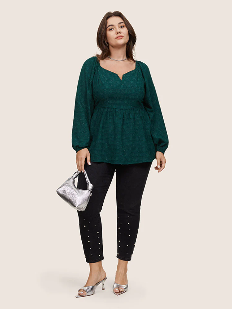 Solid Jacquard Notched Lantern Sleeve Blouse - Image 3