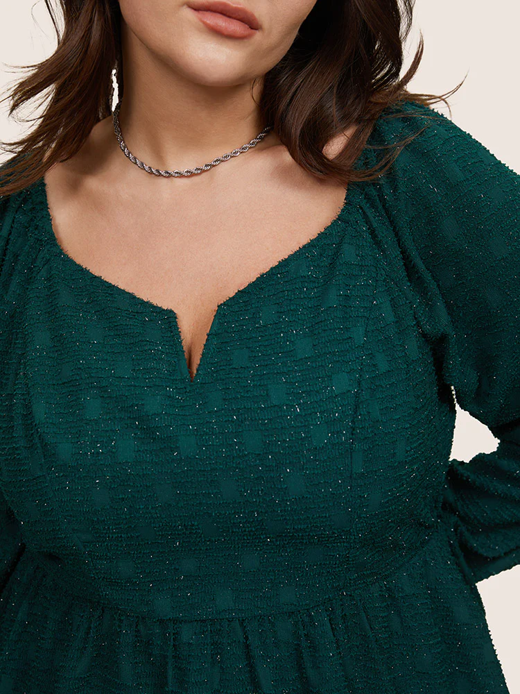 Solid Jacquard Notched Lantern Sleeve Blouse - Image 4