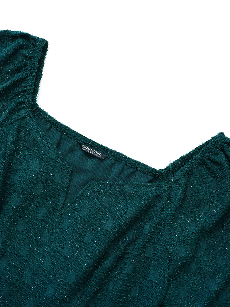 Solid Jacquard Notched Lantern Sleeve Blouse - Image 5
