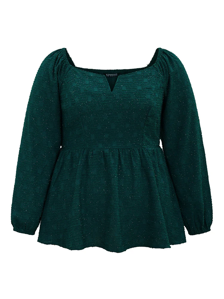 Solid Jacquard Notched Lantern Sleeve Blouse - Image 7
