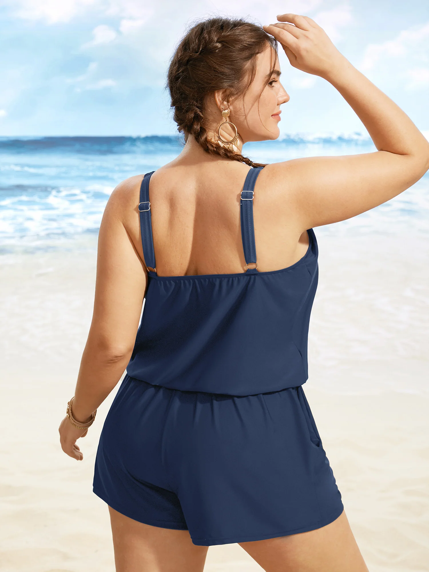 Solid Keyhole Elastic Waist Gathered One Piece Swimsuit - Image 22