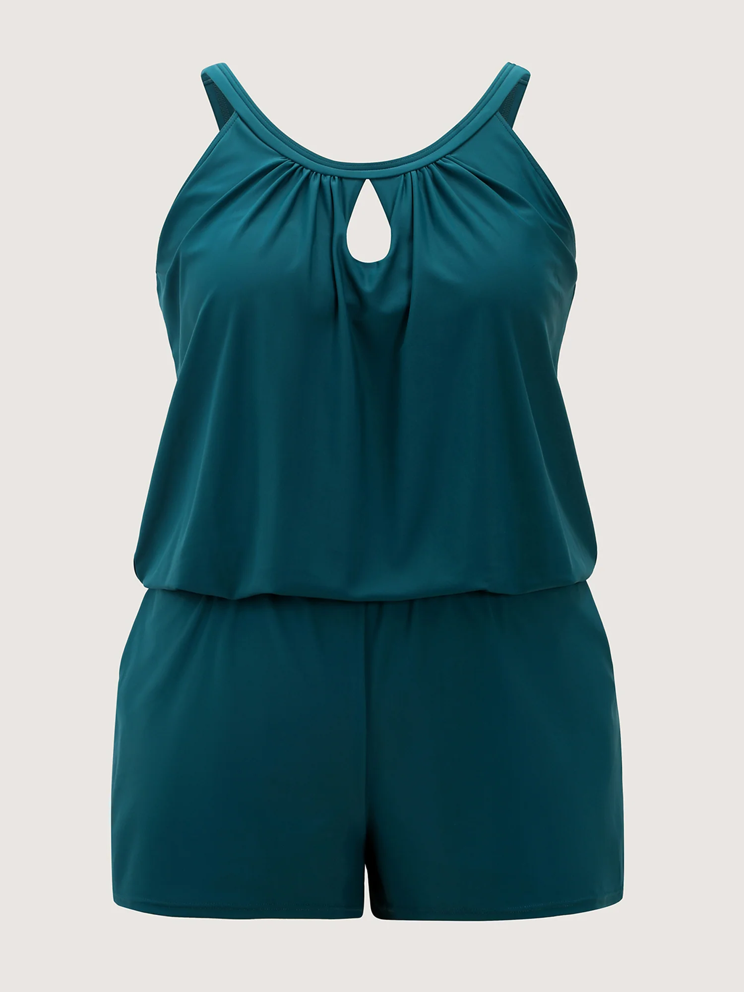 Solid Keyhole Elastic Waist Gathered One Piece Swimsuit - Image 29