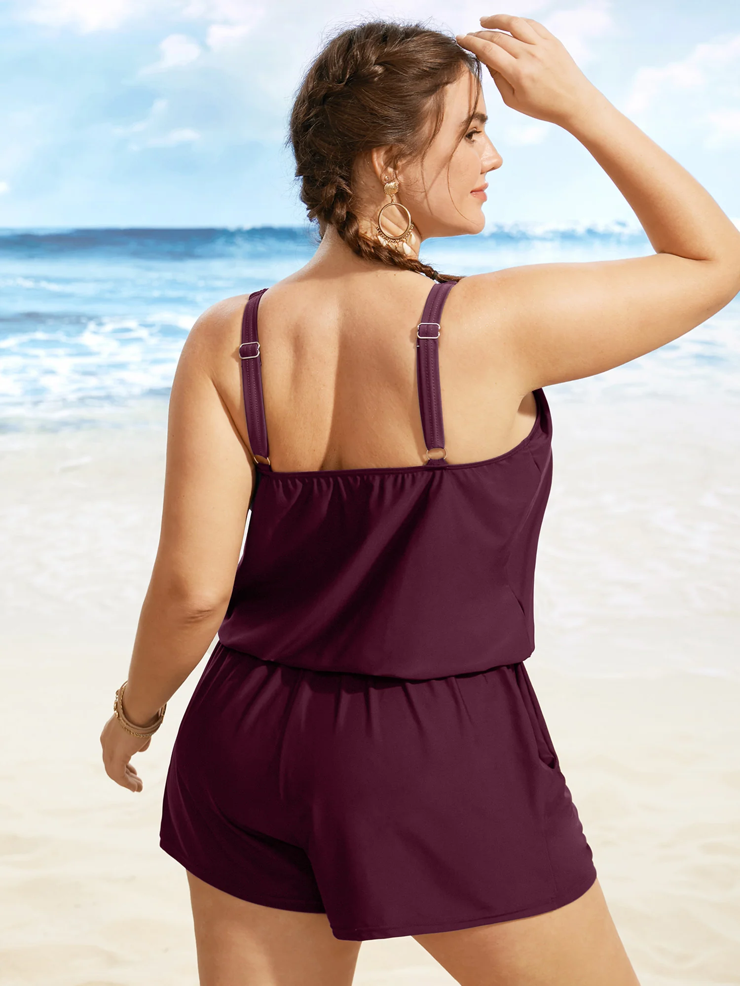 Solid Keyhole Elastic Waist Gathered One Piece Swimsuit - Image 33