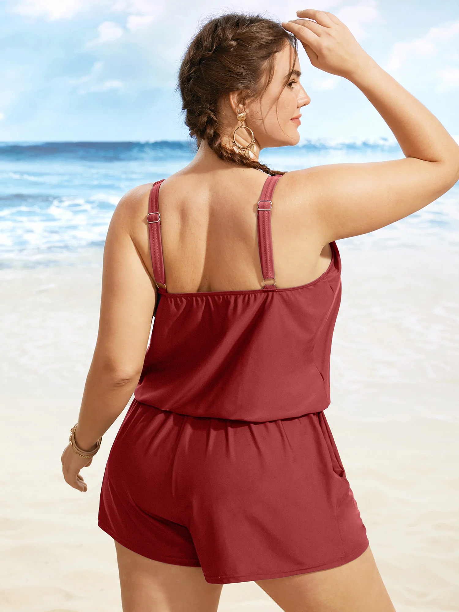 Solid Keyhole Elastic Waist Gathered One Piece Swimsuit - Image 49