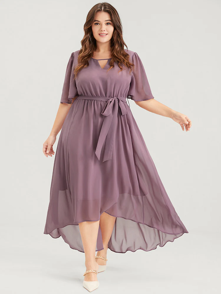 Solid Keyhole Neck Ruffle Asymmetrical Hem Belted Maxi Dress - Image 2