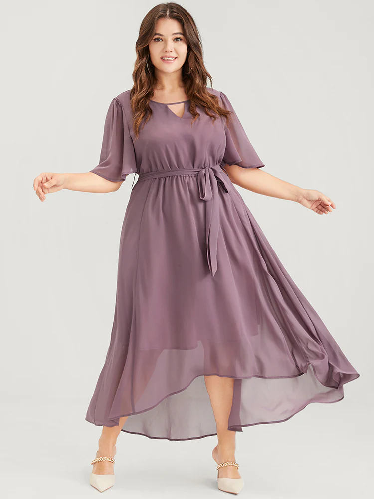 Solid Keyhole Neck Ruffle Asymmetrical Hem Belted Maxi Dress - Image 3