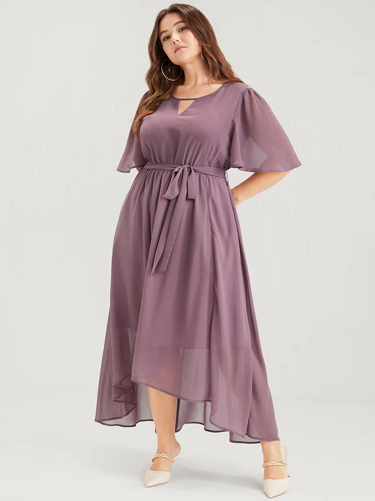 Solid Keyhole Neck Ruffle Asymmetrical Hem Belted Maxi Dress - Image 4