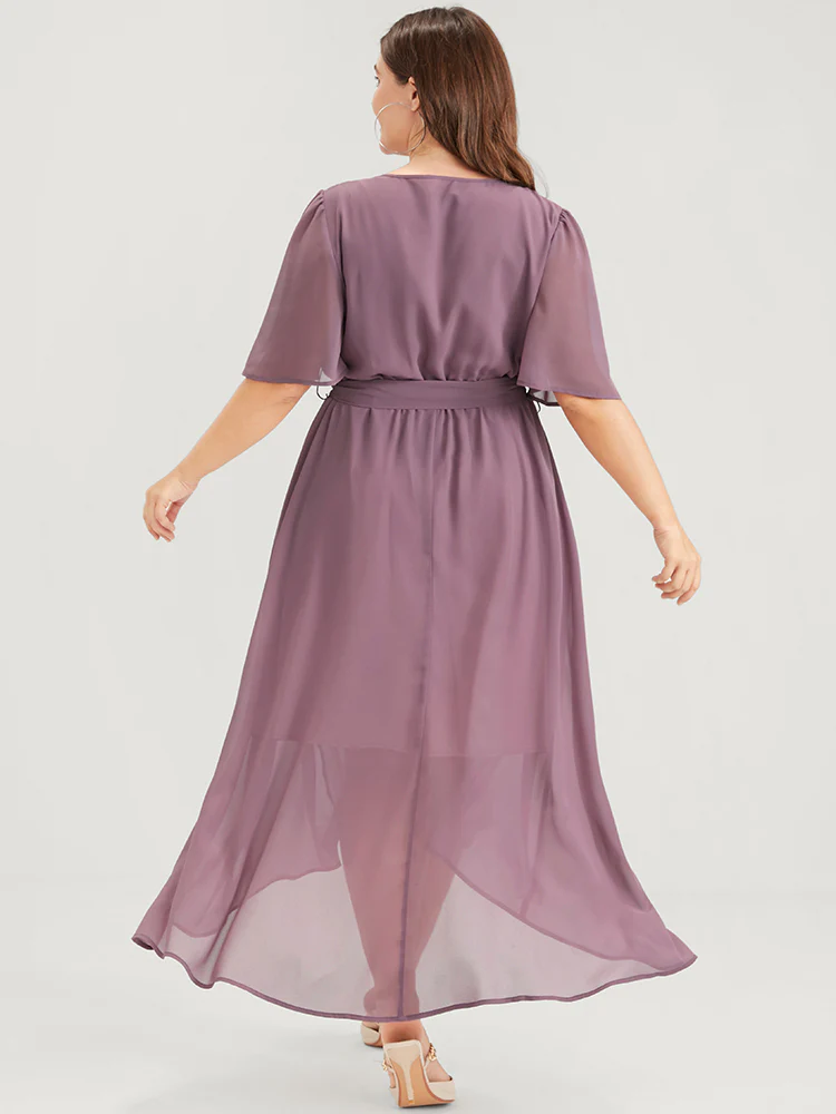 Solid Keyhole Neck Ruffle Asymmetrical Hem Belted Maxi Dress - Image 5