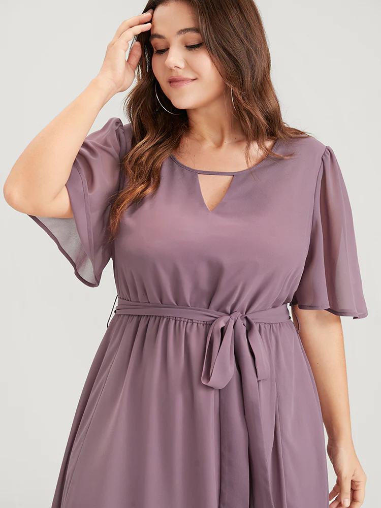 Solid Keyhole Neck Ruffle Asymmetrical Hem Belted Maxi Dress - Image 6