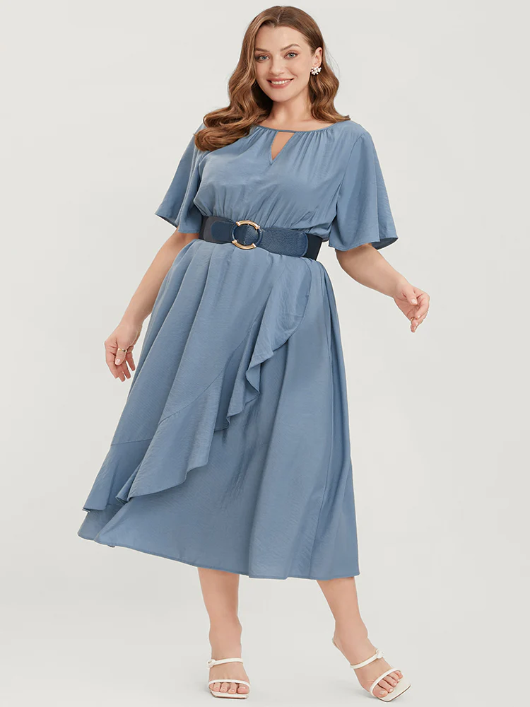 Solid Keyhole Round Neck Pocket Ruffle Trim Rib Knit Dress - Image 2