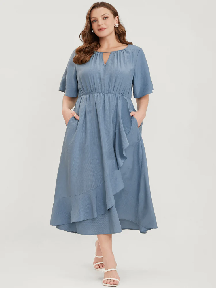 Solid Keyhole Round Neck Pocket Ruffle Trim Rib Knit Dress - Image 3