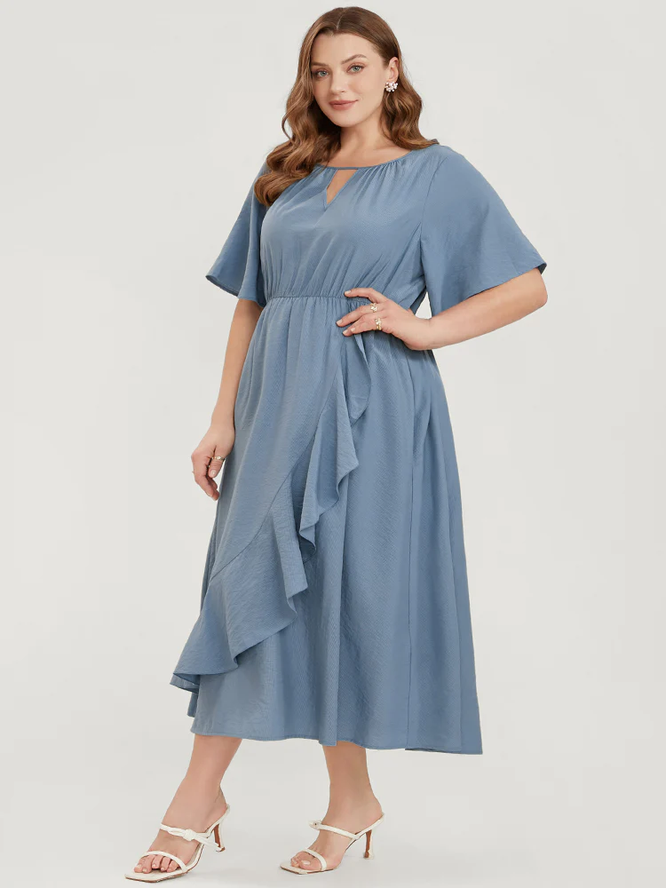 Solid Keyhole Round Neck Pocket Ruffle Trim Rib Knit Dress - Image 4