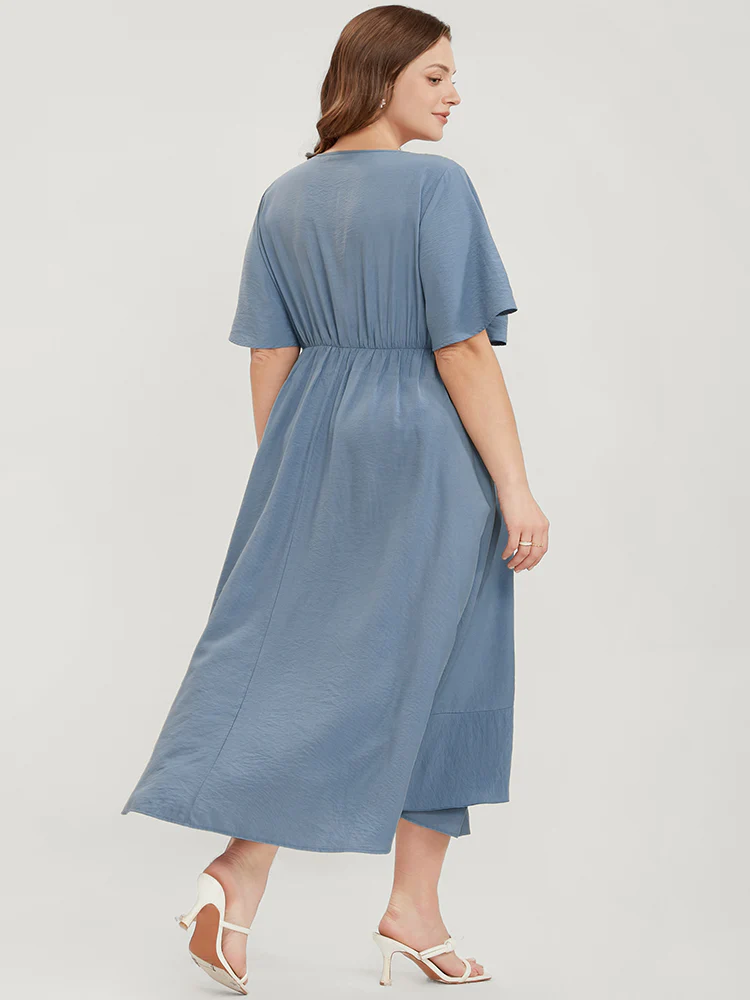 Solid Keyhole Round Neck Pocket Ruffle Trim Rib Knit Dress - Image 5