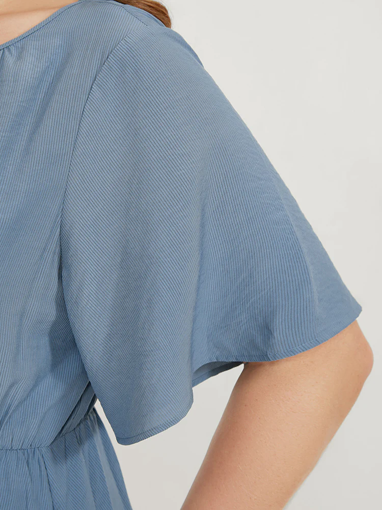 Solid Keyhole Round Neck Pocket Ruffle Trim Rib Knit Dress - Image 7