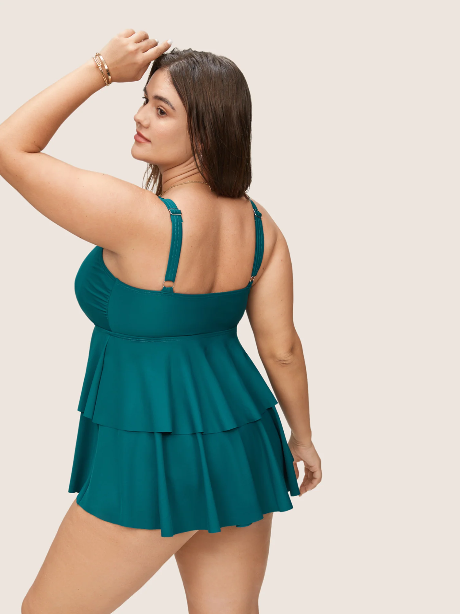 Solid Keyhole Tiered Ruffle Hem Swim Top - Image 2