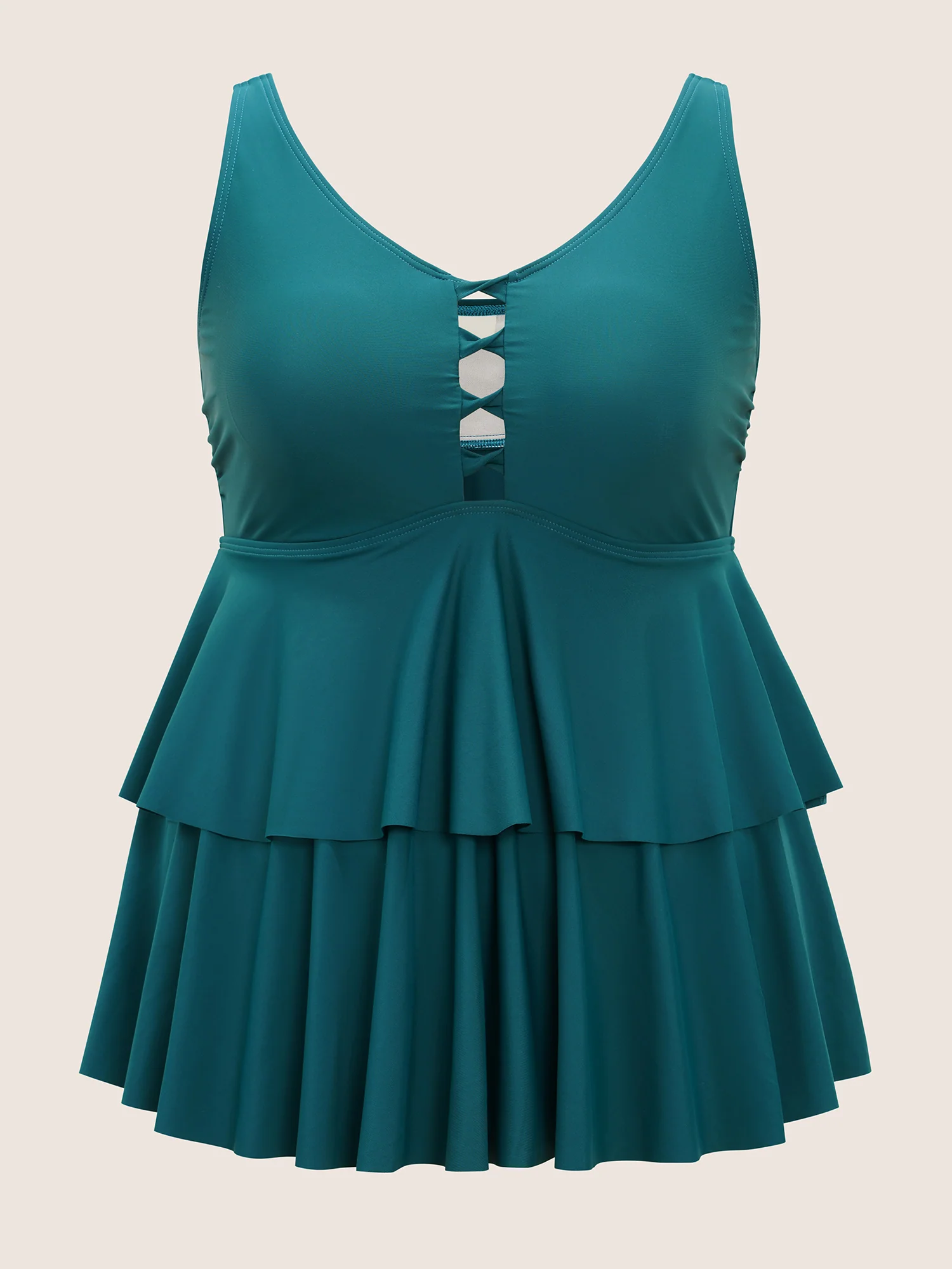 Solid Keyhole Tiered Ruffle Hem Swim Top - Image 7