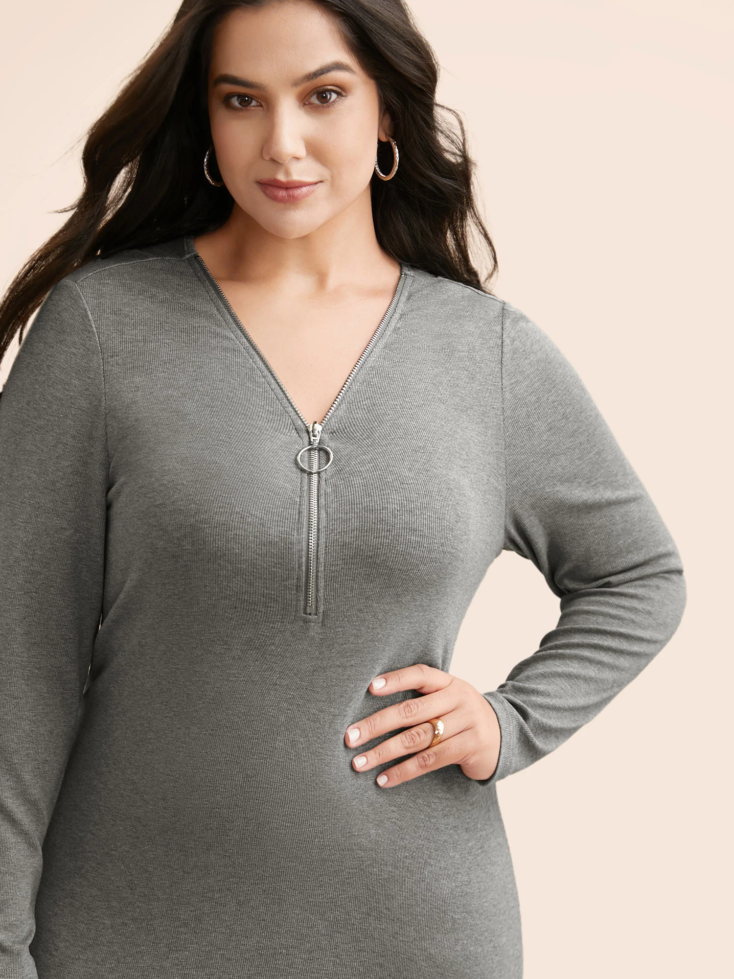 Solid Knit Zipper Midi Dress - Image 2