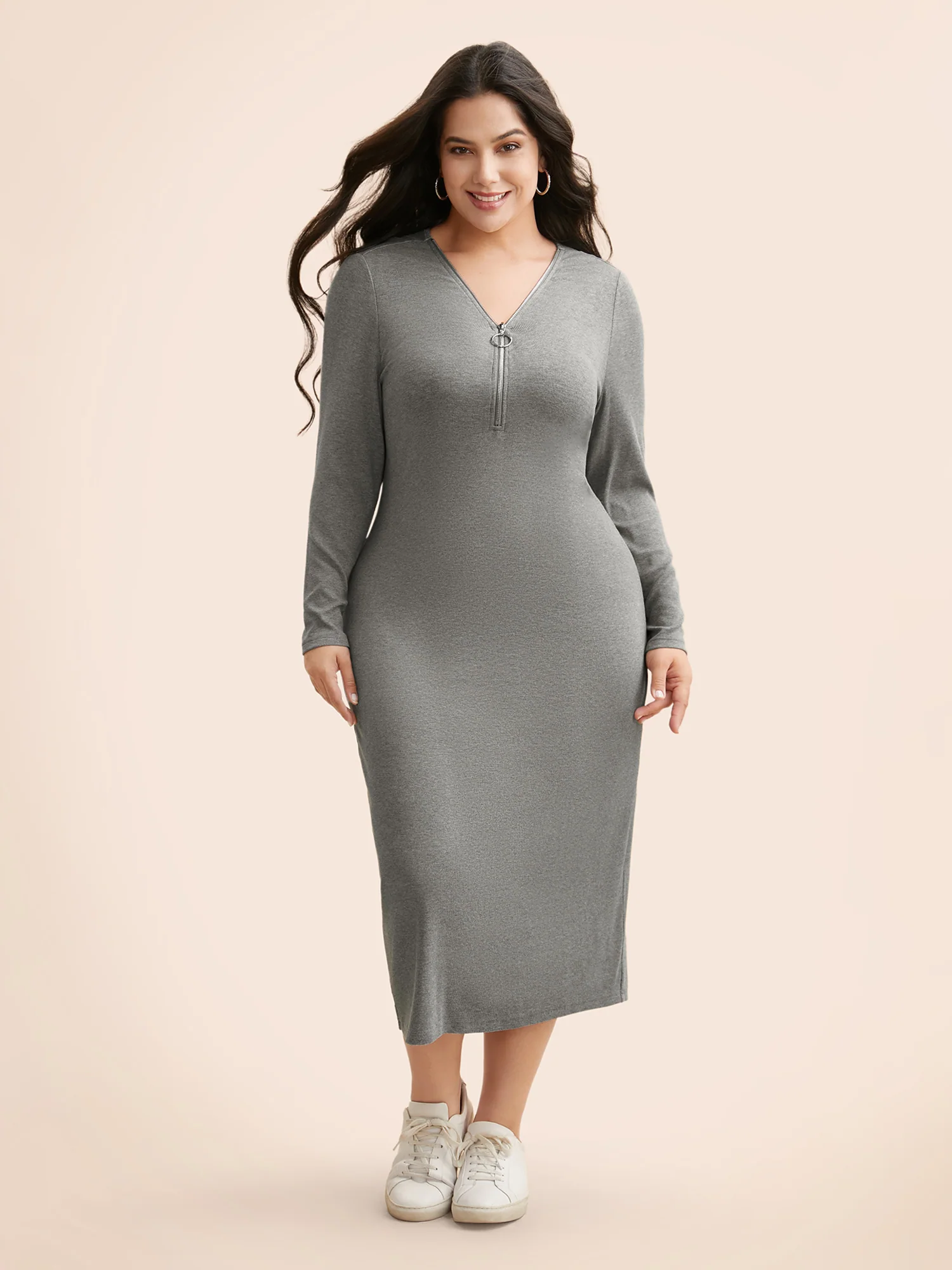 Solid Knit Zipper Midi Dress - Image 3