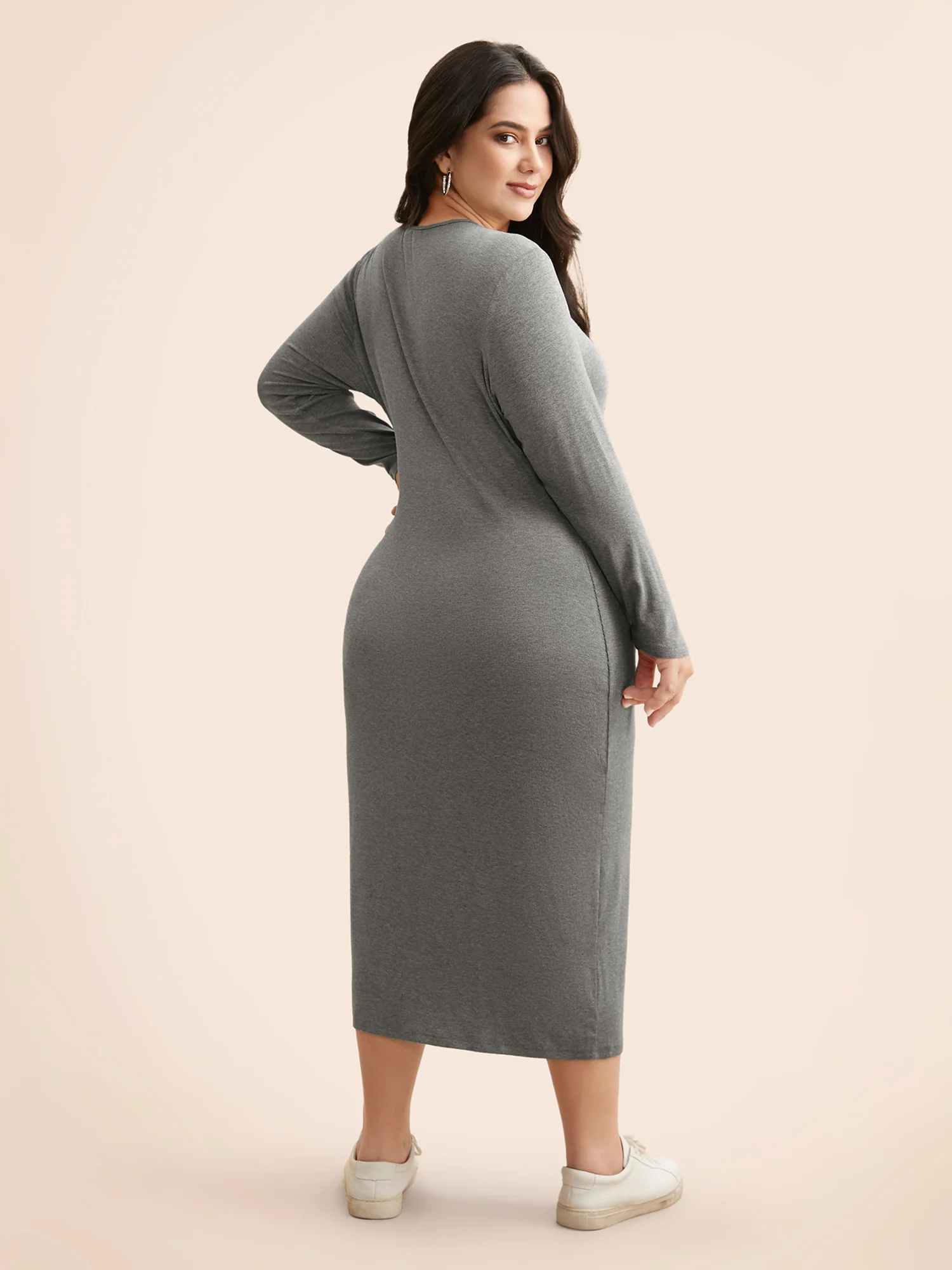 Solid Knit Zipper Midi Dress - Image 4