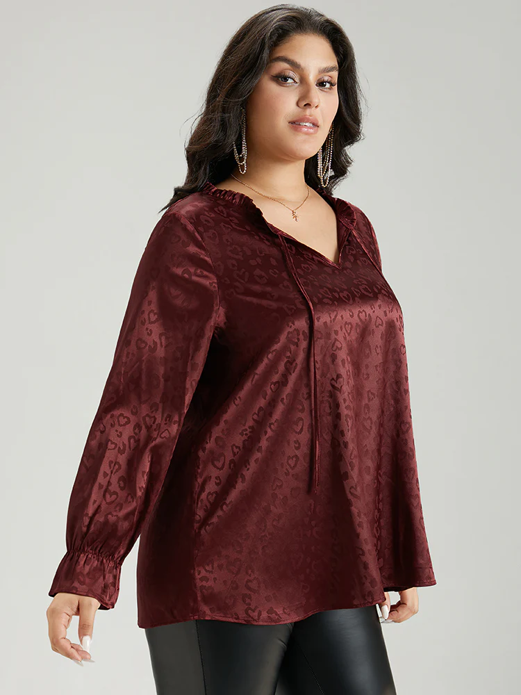 Solid Knot Neck Frill Trim Flutter Sleeve Blouse - Image 3