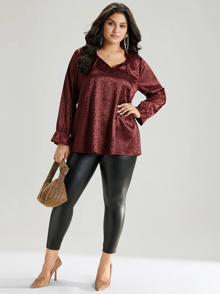 Solid Knot Neck Frill Trim Flutter Sleeve Blouse - Image 4