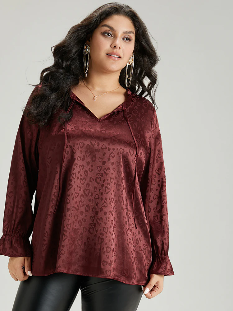 Solid Knot Neck Frill Trim Flutter Sleeve Blouse - Image 5