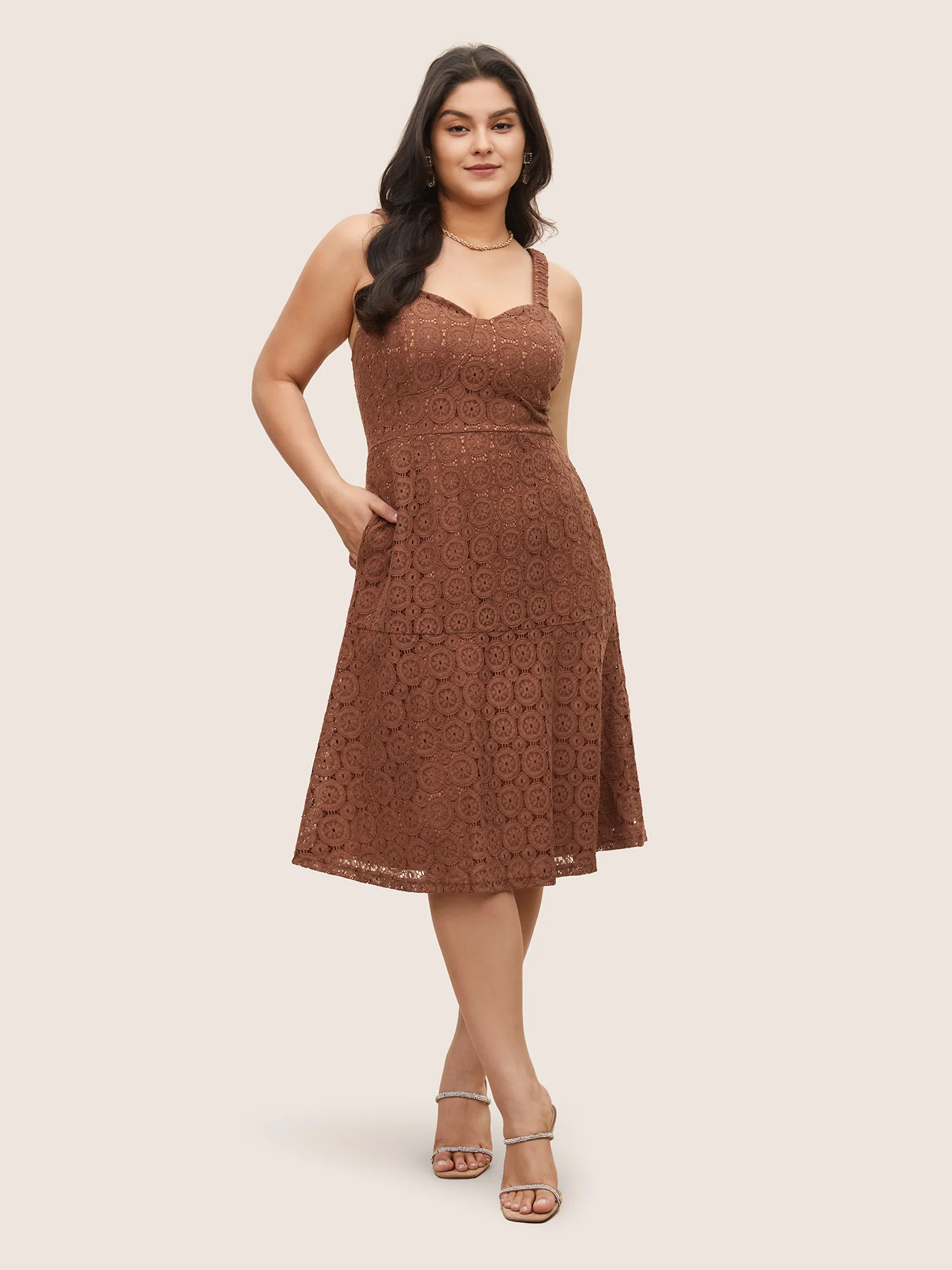 Solid Lace Geometric Hollow Out Cami Dress - Image 2