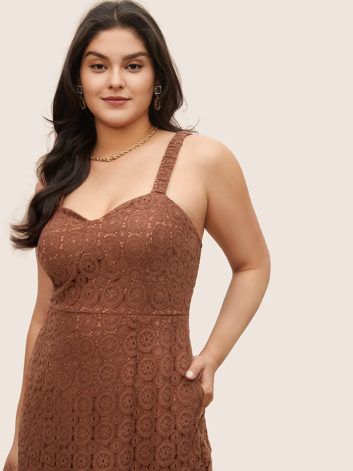 Solid Lace Geometric Hollow Out Cami Dress - Image 3