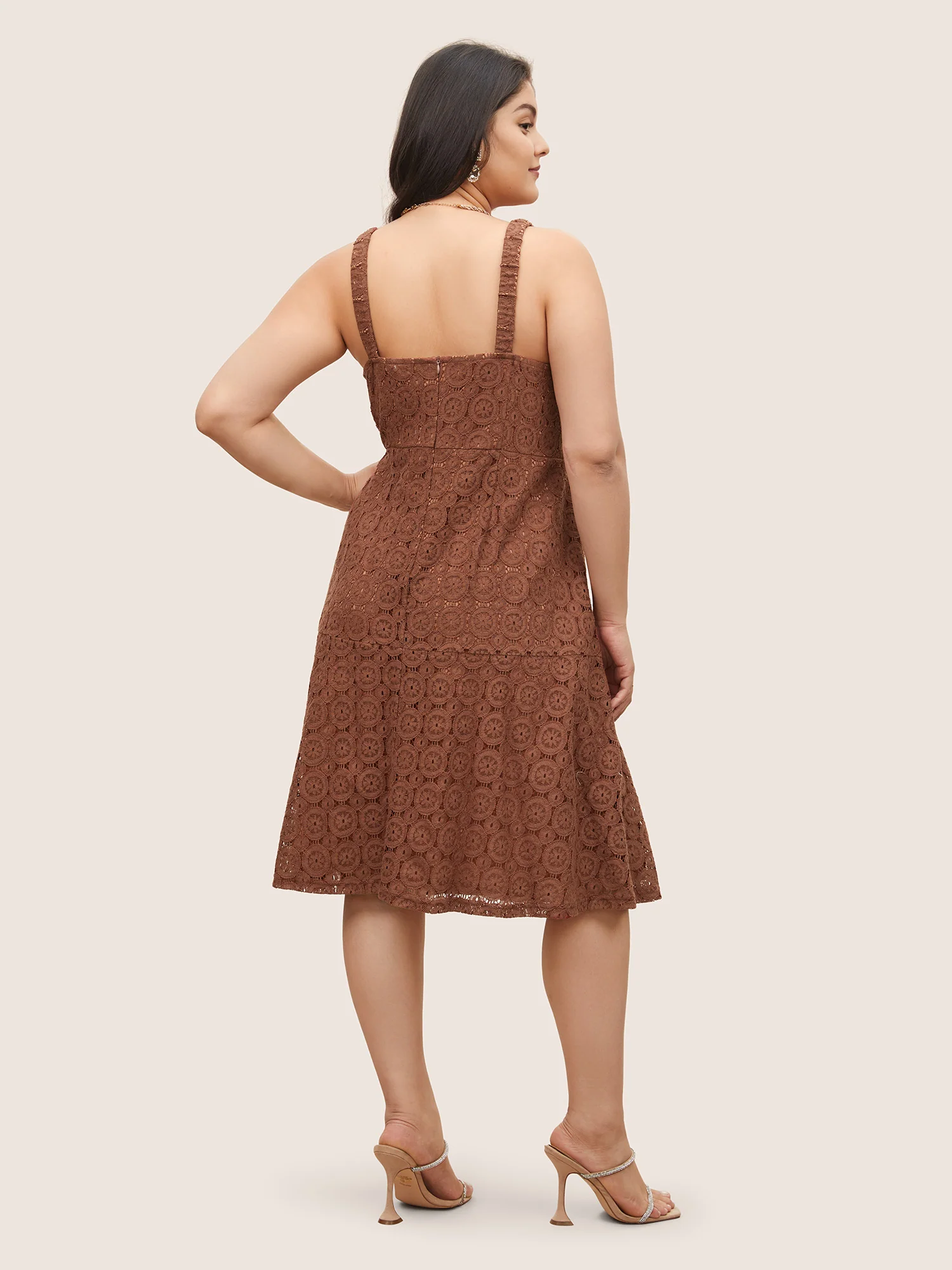 Solid Lace Geometric Hollow Out Cami Dress - Image 4