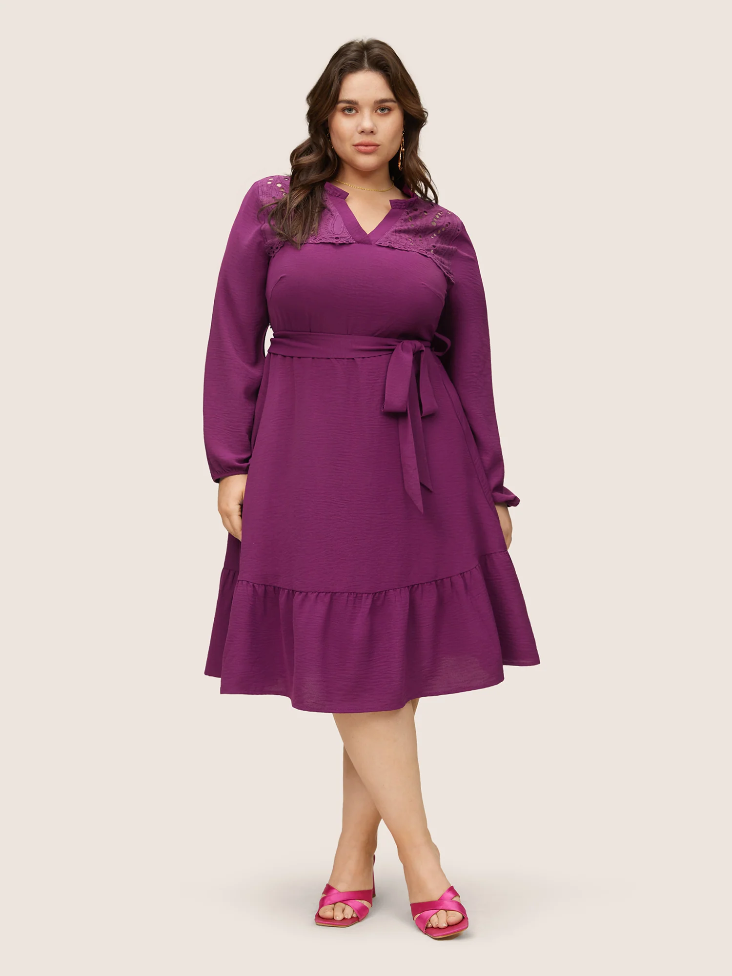 Solid Lace Panel Cut Out Belted Gathered Dress - Image 2