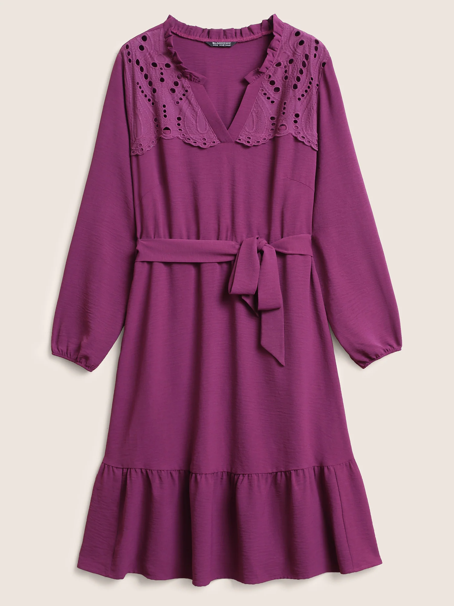 Solid Lace Panel Cut Out Belted Gathered Dress - Image 7
